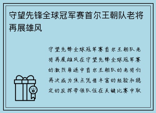 守望先锋全球冠军赛首尔王朝队老将再展雄风
