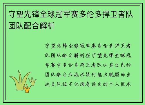 守望先锋全球冠军赛多伦多捍卫者队团队配合解析